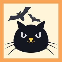 A black cat with glowing eyes watches silently under the moonlight, while bats swirl above in the chilling night air.