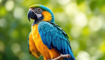 Obraz premium Vibrant Tropical Bird Perched Gracefully on a Branch, Displaying Stunning Blue and Yellow Plumage Against a Lush Green Background