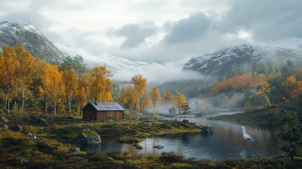 Serene landscape reflection tranquil lake cabin autumn colors mountainous region peaceful environment