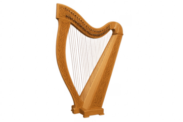Traditional celtic harp musical instrument with transparent background