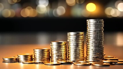 Stacked coins on a table with a blurred cityscape in the background, symbolizing wealth and finance - Powered by Adobe