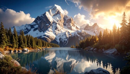 Majestic Snow Mountain and Pine Forest Reflection at Sunset, Serene Natural Environment, Aerial View