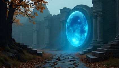 Mystical Portal: An ethereal blue portal set amidst ancient ruins, shrouded in a misty atmosphere, invites exploration and wonder.