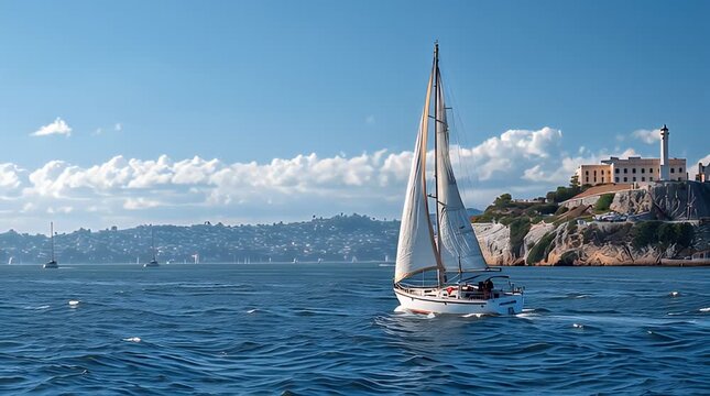 A sailboat sails on a blue sea near an island with a building and lighthouse, under a cloudy sky