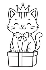 A cute cartoon kitten illustration with a funny gift box is a vector pet animal drawing