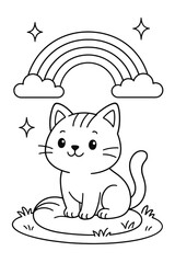 A fun cartoon vector illustration of a cute cat and rainbow on top