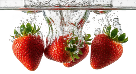 Fresh red strawberries dropping into water creates splash and bubbles
