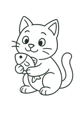 Smiling, cute cartoon cat vector illustration of a kitten sitting with its paw and tail, a funny pet animal character drawing