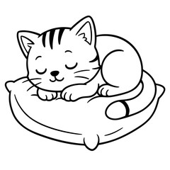 Cute cartoon cat is sleeping on top of pillow