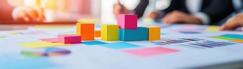 Obraz premium Colorful wooden blocks scattered on a table with graphs and charts in the background showcasing creative learning and playful educational activities for children