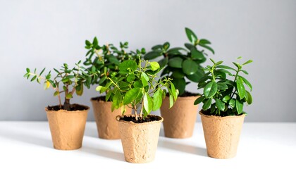 Five Small Potted Plants on White Surface, Neutral Background