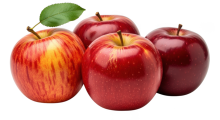 Four ripe red apples with a single green leaf isolated on a deep black background