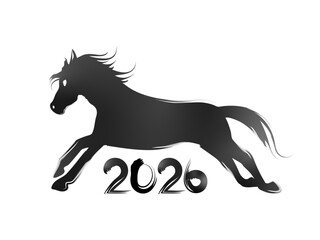 午年の馬の黒のシルエット　筆の墨絵の年賀状素材

