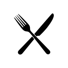 A black fork and knife crossed vector design on transparent background