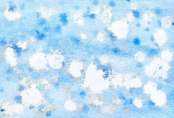 Abstract blue watercolor texture with white splashes and subtle gradient background.