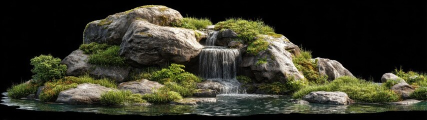 Fototapeta premium Natural rock formation with cascading waterfall surrounded by lush green vegetation and water pool