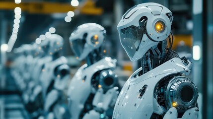 Fototapeta premium Robots assembling in high-tech factory industrial automation futuristic environment close-up view ai development