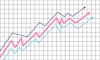 Three line graphs showing upward trends on grid background isolated on transparent background