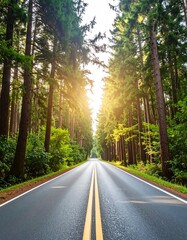 Fototapeta premium Straight road through a lush forest at sunrise