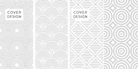 Set of four seamless geometric patterns in light gray and white for cover design backgrounds