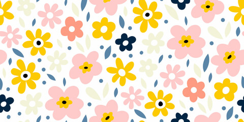 A cheerful and colorful seamless pattern of abstract flowers and leaves in pastel shades on a white background