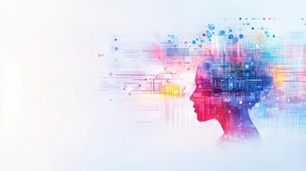 Vibrant abstract digital art featu a profile of a human head with colorful data streams and technological elements representing artificial ligence and innovation