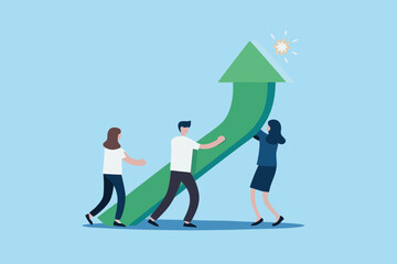 Teamwork and collaboration driving business growth and success with upward trending arrow