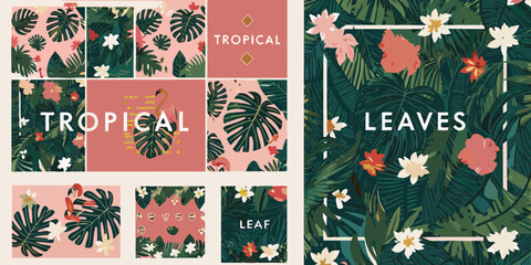 Collection of tropical leaf and flower patterns with flamingo accents and text © Ranajit