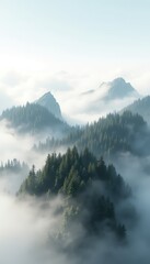 Obraz premium Misty mountain ridges rise above a sea of clouds, dense green forests blending into ethereal atmospheric haze