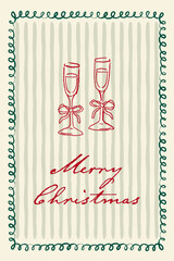 Vintage hand drawn christmas card design template with champagne glasses.