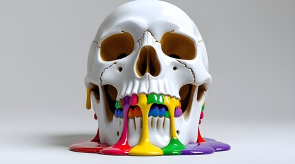 White ceramic skull with rainbow paint dripping from mouth