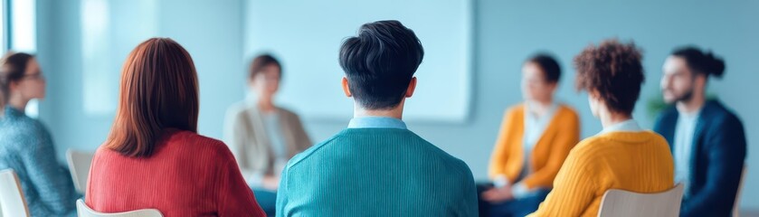 Diverse group of young adults attending a modern classroom discussion or workshop, engaging in learning and collaboration in a contemporary educational environment