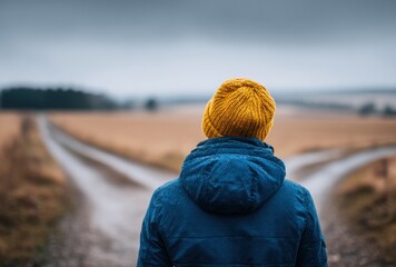 Person in a blue jacket and yellow beanie standing at a fork in a rural dirt road under cloudy sky