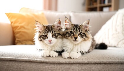 Two kittens on a beige couch