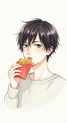 フライドポテトを食べる男性のアニメ風イラスト  