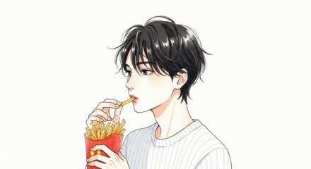 フライドポテトを食べる男性のアニメ風イラスト  