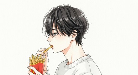 フライドポテトを食べる男性のアニメ風イラスト  