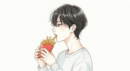 フライドポテトを食べる男性のアニメ風イラスト  