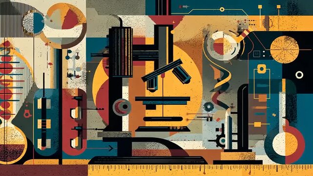 Abstract illustration of a microscope surrounded by scientific elements and geometric shapes in vibrant colors