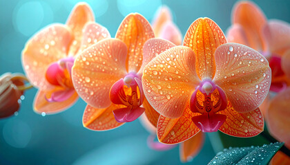 Close-up of vibrant orange orchids with water droplets on petals, set against a soft, blurred background. © Fawitra