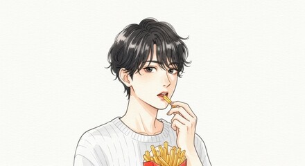 フライドポテトを食べる男性のアニメ風イラスト  
