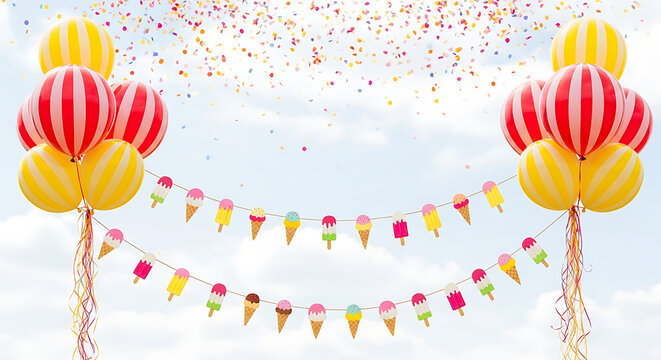 Colorful Ice Cream Party Balloons, Banners, and Confetti Celebration - Powered by Adobe