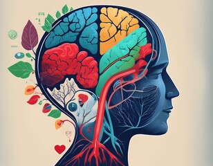 Illustration of a head with brain sections and plant life.