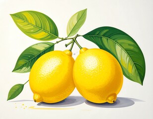 Two lemons with leaves on a branch.  Bright yellow fruit, lush green leaves