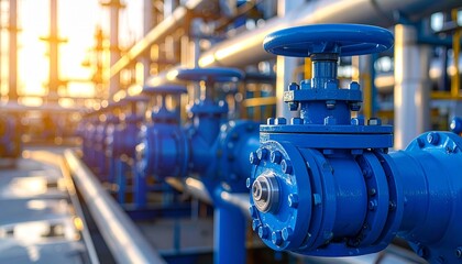 Blue pressure safety valves at a gas processing plant, surrounded by industrial piping, gauges, symbolizing energy control, safety regulation, and precision engineering