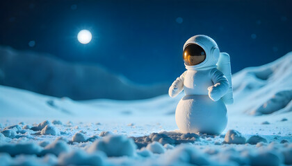 Moon Explorer:  A snowman astronaut stands intrepidly on a moonscape, bathed in the serene glow of the full moon, a whimsical blend of earthly delight and cosmic wonder.