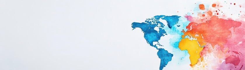 Naklejka premium Vibrant world map watercolor painting with splash of colors representing continents and oceans for travel, geography, and art visualization purposes