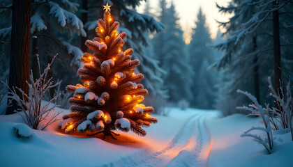 Festive winter tree, A Christmas tree glows warmly amidst a serene winter landscape. The tree stands decorated, casting a soft glow over the snow-covered surroundings.