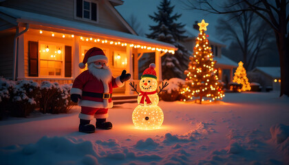 Holiday Cheer: Festive decorations illuminate a serene winter scene. A jovial Santa Claus figure and a cheerful snowman stand side-by-side in a snowy yard.