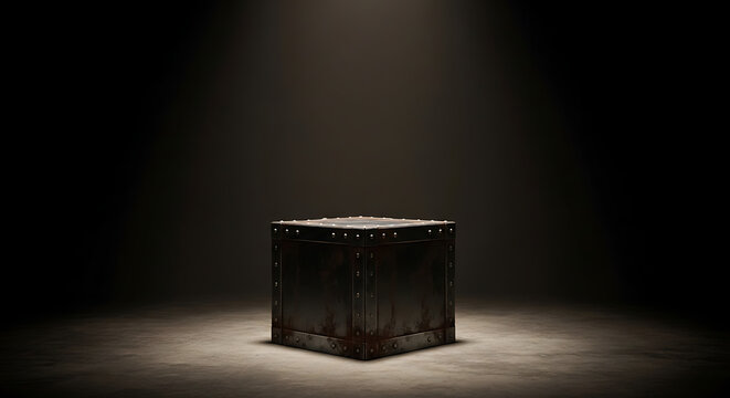 An old, rusty, and weathered metal box sits alone under a single spotlight in a dark, empty room, creating a mysterious and dramatic atmosphere